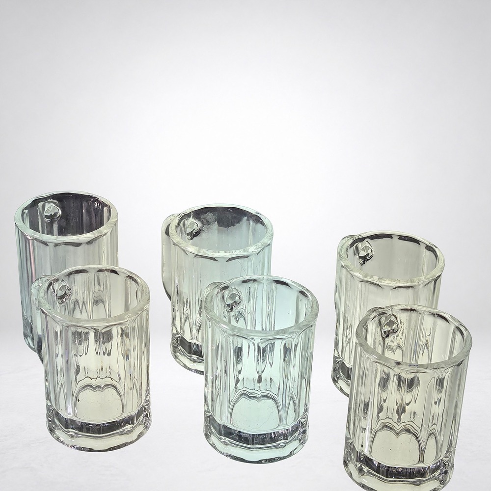 Set of 6 Mini Beer Mug Shot Glasses Clear Paneled Glass With Handles 2.5 in